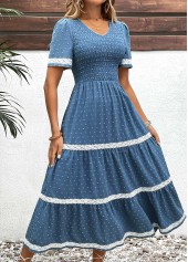 Dusty Blue Embroidery Short Sleeve V Neck Dress | thumb picture 