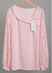 Light Pink Lace Long Sleeve Asymmetrical Neck T Shirt | thumb picture 