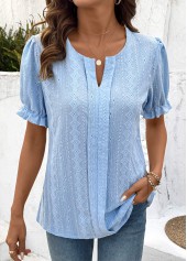 Light Blue Lace Short Sleeve Split Neck Blouse