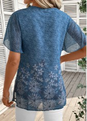 Dusty Blue Lightweight Floral Print Short Sleeve T Shirt | thumb picture 