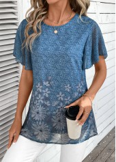 Dusty Blue Lightweight Floral Print Short Sleeve T Shirt | thumb picture 