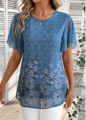 Dusty Blue Lightweight Floral Print Short Sleeve T Shirt