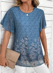 Dusty Blue Lightweight Floral Print Short Sleeve T Shirt | thumb picture 