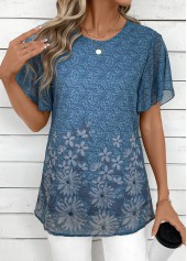 Dusty Blue Lightweight Floral Print Short Sleeve T Shirt | thumb picture 