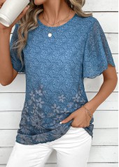 Dusty Blue Lightweight Floral Print Short Sleeve T Shirt | thumb picture 