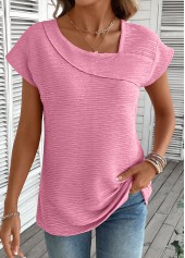 Pink Jacquard Short Sleeve Asymmetrical Neck T Shirt
