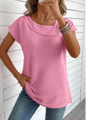 Pink Jacquard Short Sleeve Asymmetrical Neck T Shirt | thumb picture 