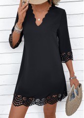 Black A Line 3/4 Sleeve V Neck Dress | thumb picture 