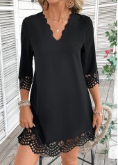 Black A Line 3/4 Sleeve V Neck Dress
