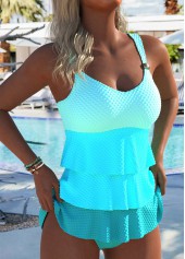 Patchwork V Neck Cyan Tankini Set