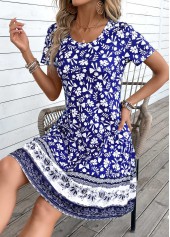 Blue Patchwork Tribal Print A Line Short Sleeve Dress | thumb picture 