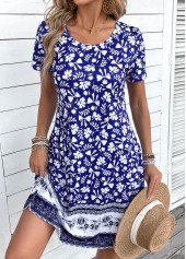 Blue Patchwork Tribal Print A Line Short Sleeve Dress