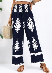 Navy Tribal Print Straight Leg Elastic Waist Pants