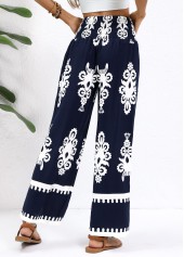 Navy Tribal Print Straight Leg Elastic Waist Pants