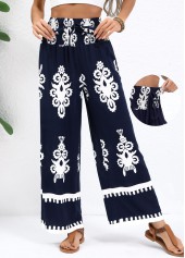 Navy Tribal Print Straight Leg Elastic Waist Pants