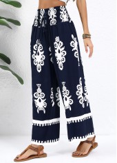 Navy Tribal Print Straight Leg Elastic Waist Pants