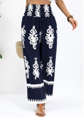 Navy Tribal Print Straight Leg Elastic Waist Pants