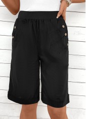 Black Button Elastic Waist High Waisted Shorts