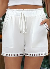 White Drawstring Elastic Waist High Waisted Shorts