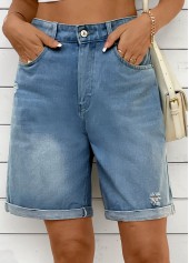 Denim Blue Straight Leg Button Fly High Waisted Shorts | thumb picture 