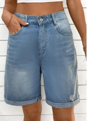 Denim Blue Straight Leg Button Fly High Waisted Shorts