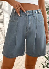 Denim Blue Button Straight Leg High Waisted Shorts