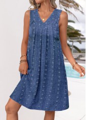V Neck Denim Blue A Line Sleeveless Dress