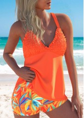 Smocked High Waisted Floral Print Orange Tankini Set | thumb picture 