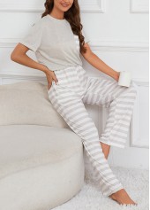 Grey Striped Short Sleeve Lounge Top and Pants