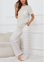 Grey Striped Short Sleeve Lounge Top and Pants