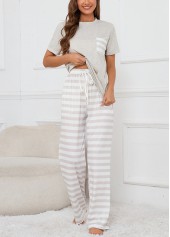 Grey Striped Short Sleeve Lounge Top and Pants