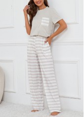 Grey Striped Short Sleeve Lounge Top and Pants
