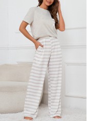 Grey Striped Short Sleeve Lounge Top and Pants