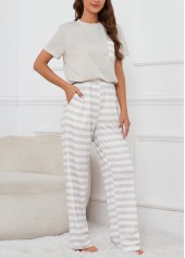 Grey Striped Short Sleeve Lounge Top and Pants