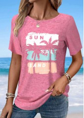 Pink Tropical Plants Print Short Sleeve T Shirt