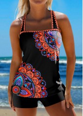 Contrast Binding Mid Waisted Tribal Print Black Tankini Set | thumb picture 