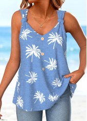 Dusty Blue Button Plants Print Strappy Tank Top