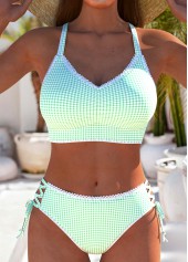Lace Up Mid Waisted Plaid Light Green Bikini Set