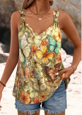 Multi Color Butterfly Print Strappy V Neck Tank Top