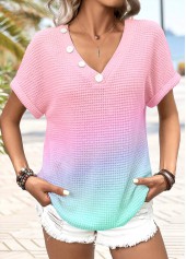 Pink Button Short Sleeve V Neck T Shirt