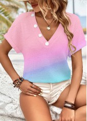 Pink Button Short Sleeve V Neck T Shirt | thumb picture 