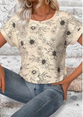 Light Camel Floral Print Short Sleeve T Shirt