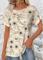 Light Camel Floral Print Short Sleeve T Shirt