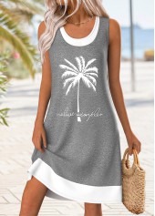 Grey Tummy Coverage Tropical Plants Print Short Sleeveless Dress