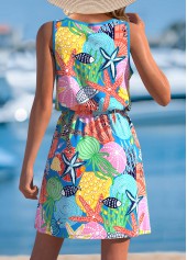 Multi Color Drawstring Marine Life Print Short Sleeveless Dress | thumb picture 
