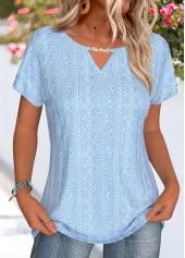 Light Blue Lace Short Sleeve Round Neck T Shirt