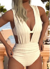 Beige Jacquard One Piece Swimwear and Bra