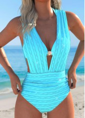 Button V-Neck Cyan One Piece Swimwear and Bra | thumb picture 