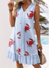 Light Blue Embroidery Marine Life Print A Line Dress
