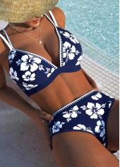 Contrast Binding Mid Waisted Floral Print Navy Bikini Set | thumb picture 